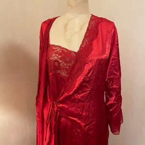 Vintage AMOUREUSE Gown Slip Dress Peignoir Lipstick RED SATIN Lace L 46" bust